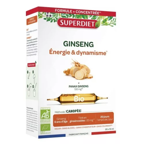 Superdiet ginseng panax az erőnlét és energiaszint támogatására, vegán ampulla 20x10ml 200 ml