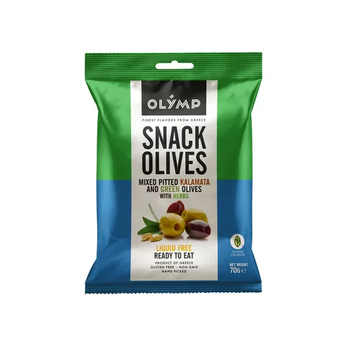 Olymp snack fűszerezett zöld és kalamata magozott olajbogyó 70 g