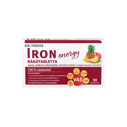 Dr.Theiss iron energy rágótabletta vassal, cinkkel és vitaminokkal mangó-ananász ízben 30 db